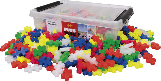 Large neon interlocking building pieces spilling from a storage tub