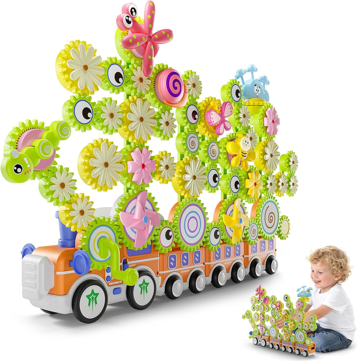Colorful plastic gear building set forming a flower and a train – view 2