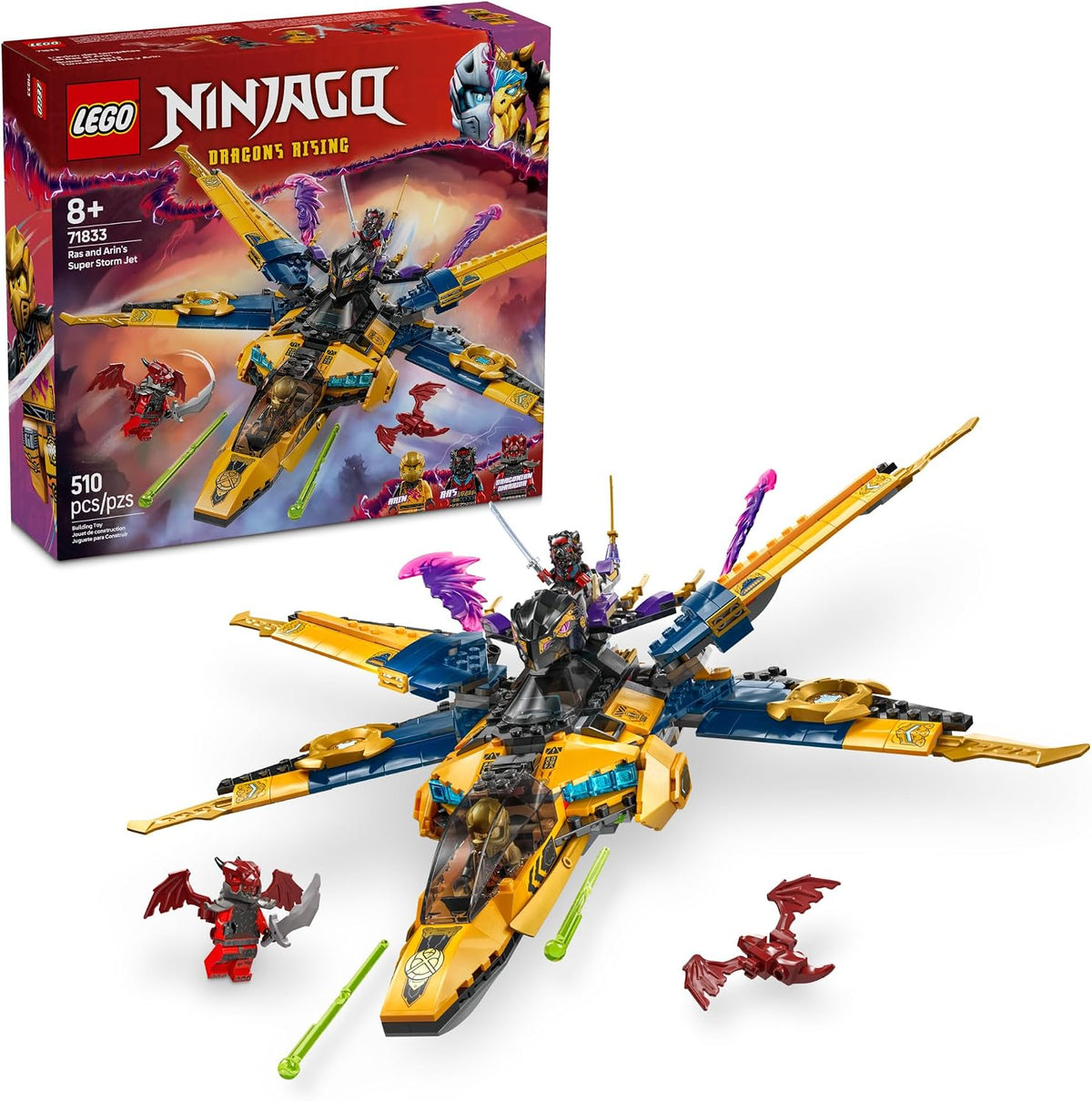 Blue brick ninja jet with dragon-headed drone, escape pod and three minifigures