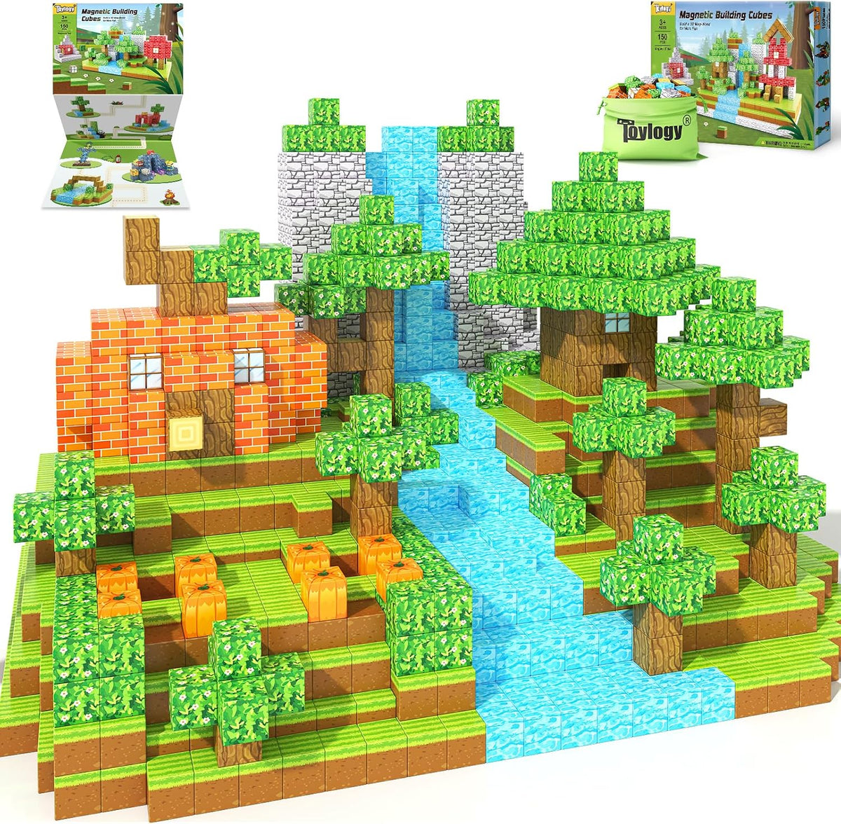 Green and brown 1-inch magnetic cubes built into a forest scene with dinosaur figures – view 2