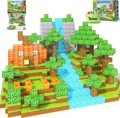 Green and brown 1-inch magnetic cubes built into a forest scene with dinosaur figures – view 2