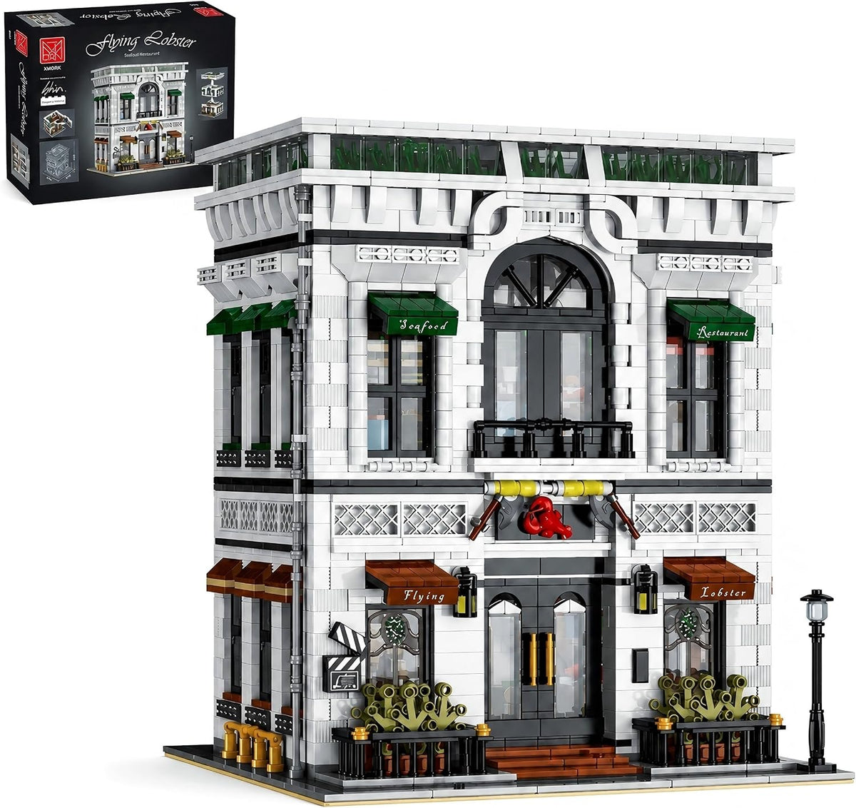 Brick-built seafood restaurant with lobster sign, rooftop lounge and warm LED lights