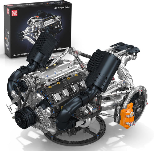 Brick-built V8 engine model with stick shift and motor