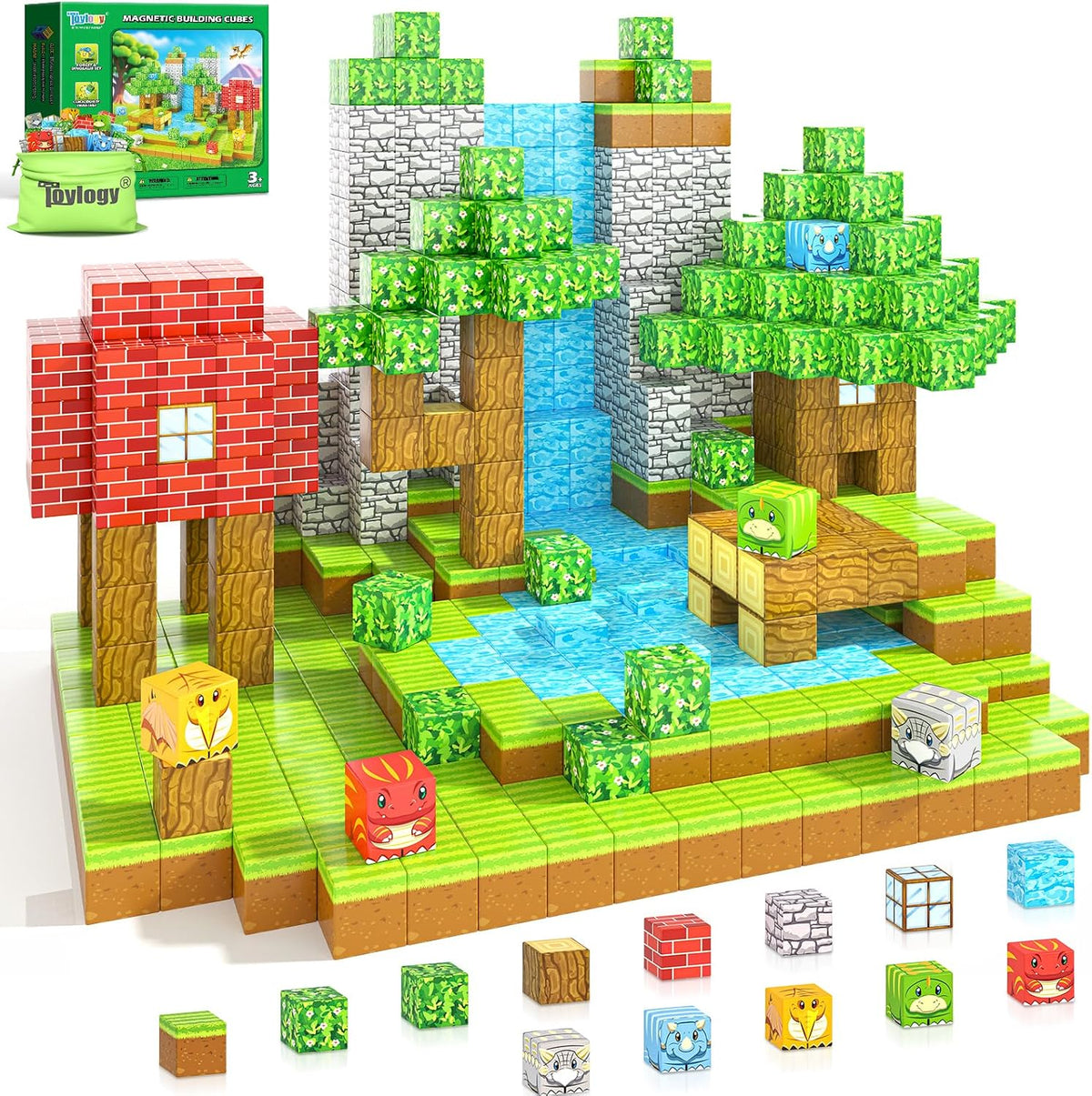 Green and brown 1-inch magnetic cubes built into a forest scene with dinosaur figures