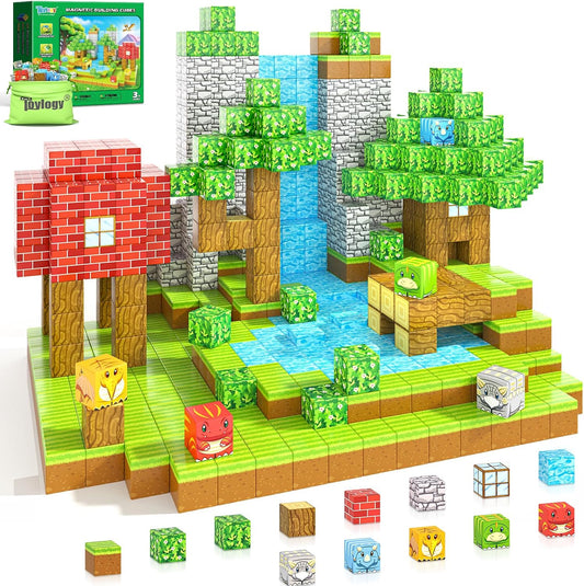 Green and brown 1-inch magnetic cubes built into a forest scene with dinosaur figures