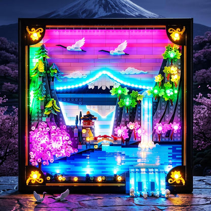 Japanese cherry blossom brick landscape glowing pink under colorful LED lights – view 2