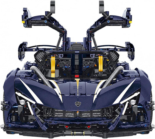 Dark blue and gold brick-built hypercar with doors open