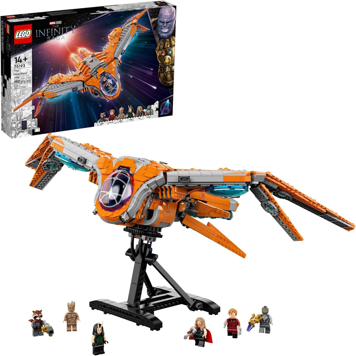 Large brick-built superhero spaceship on an adjustable display stand – view 2