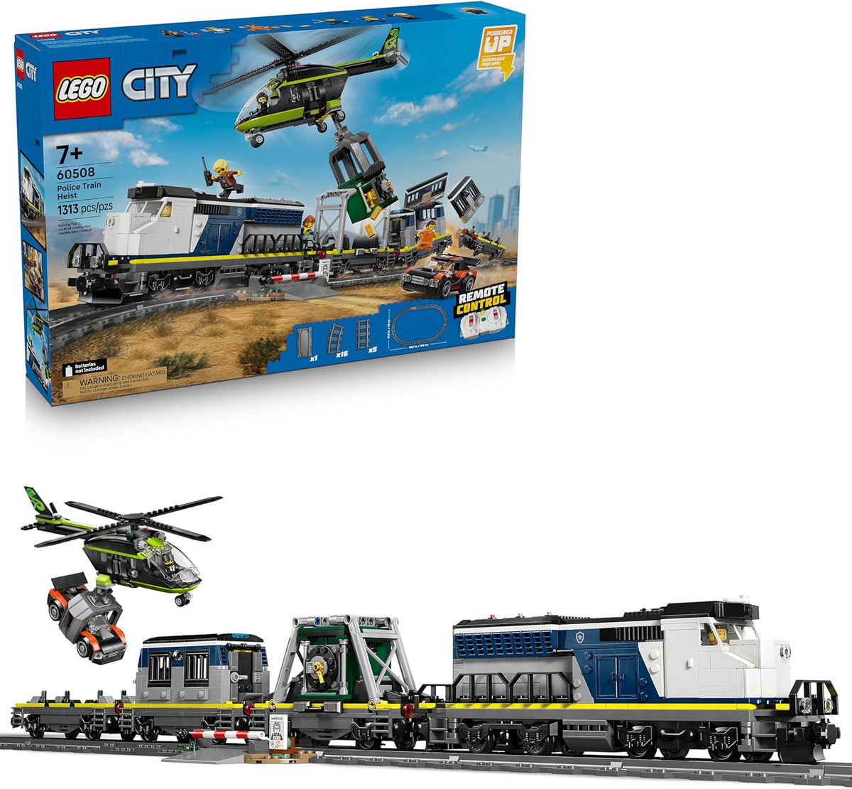Brick-built motorized police train on an oval track with helicopter overhead