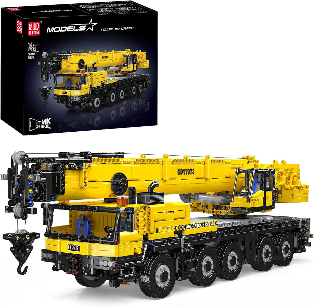 Yellow brick-built mobile crane truck with crane boom raised