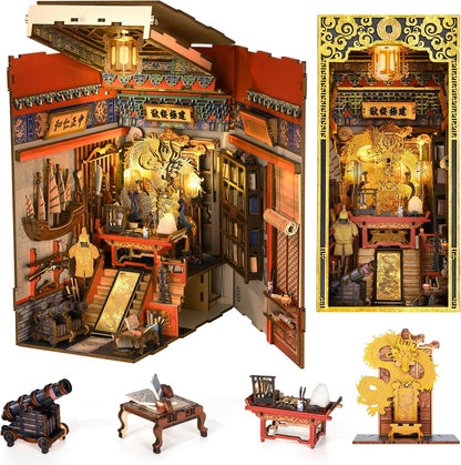 Lit fantasy castle book nook diorama standing between books on a shelf – view 13