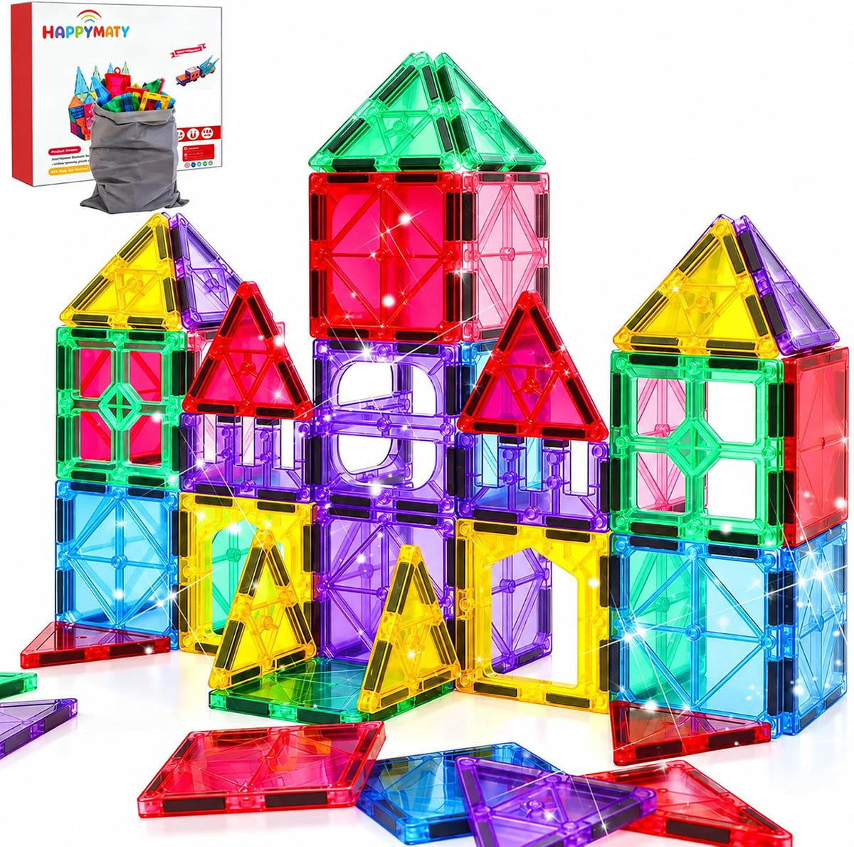 Colorful magnetic tiles built into 3D towers and houses – view 2