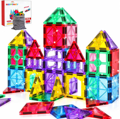 Colorful magnetic tiles built into 3D towers and houses – view 2