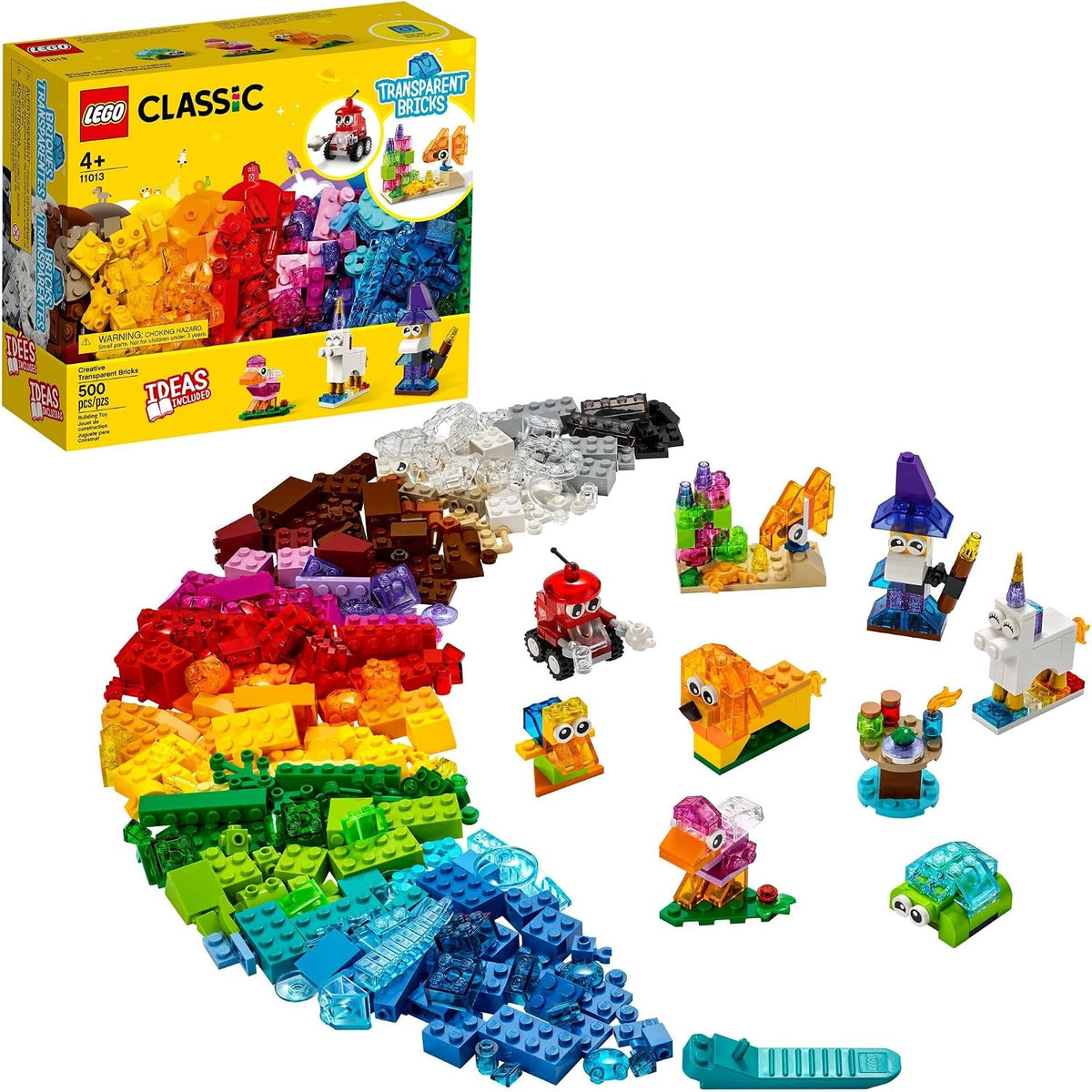 Transparent colored bricks built into a unicorn, lion, turtle and small wizard