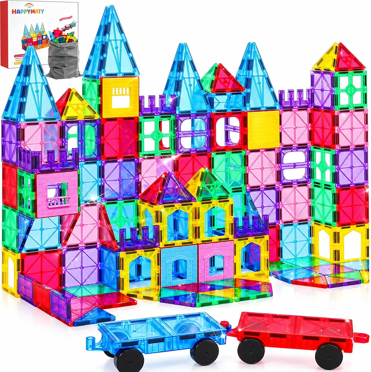 Colorful magnetic tiles built into 3D towers and houses – view 3