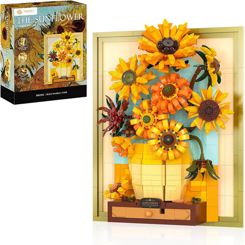 Brick-built vase of yellow sunflowers in a frame lit by warm LED light tape