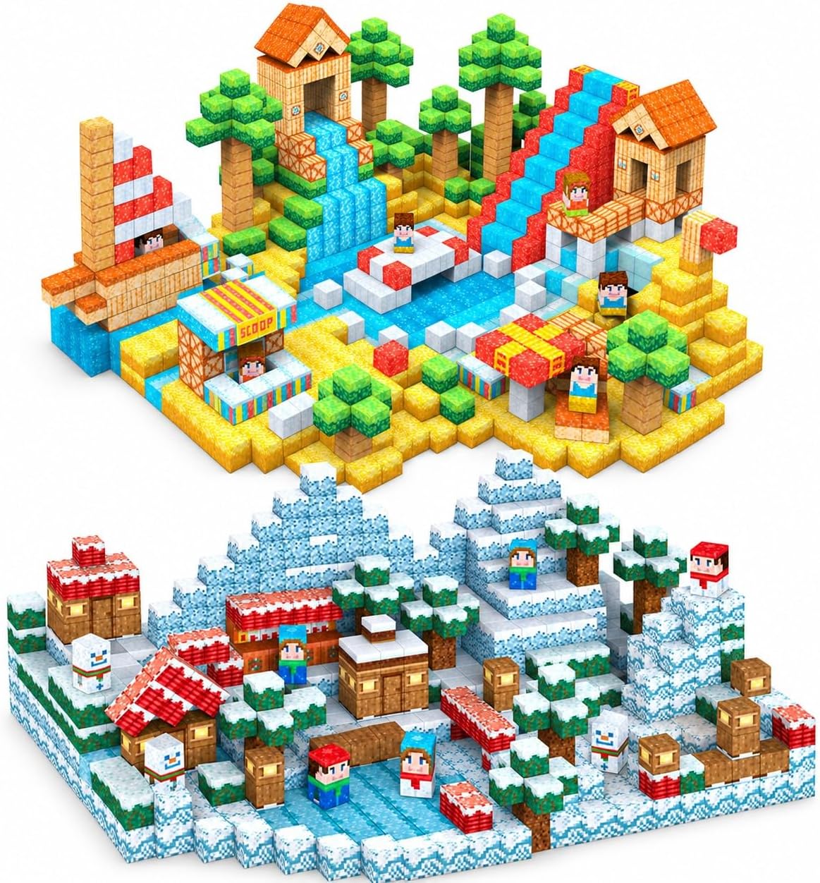Pixel-style magnetic cube scenes of a palm tree beach resort beside a snowy cabin village