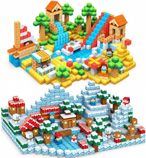 Pixel-style magnetic cube scenes of a palm tree beach resort beside a snowy cabin village