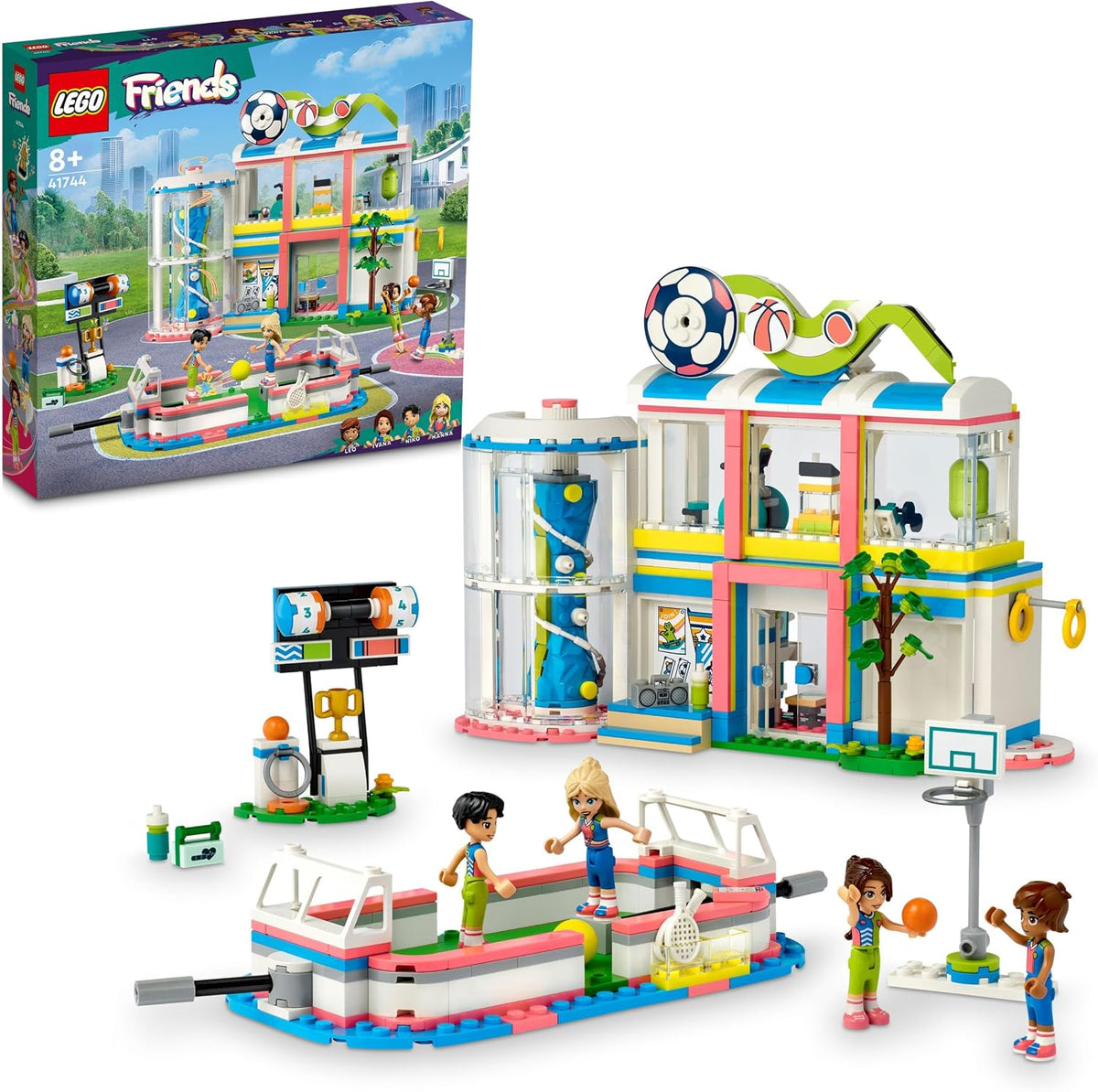 Two-story brick-built sports center with climbing wall, basketball hoop and mini-doll figures