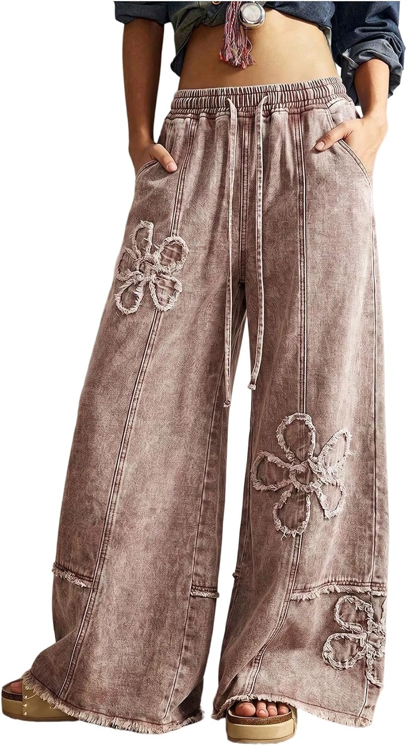 Women's Floral Baggy Wide Leg Jeans - Low Rise Denim Boho Pants with Drawstring Elastic Waist - Small (9)