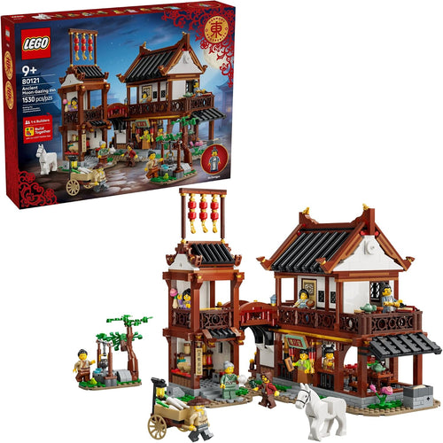 Brick-built Song Dynasty inn and teahouse with tiled roofs and nine figures