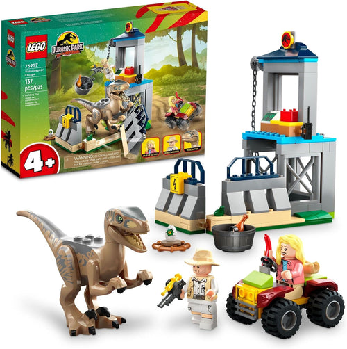 Brick dinosaur pen tower with winch, raptor figure, off-road vehicle and two minifigures
