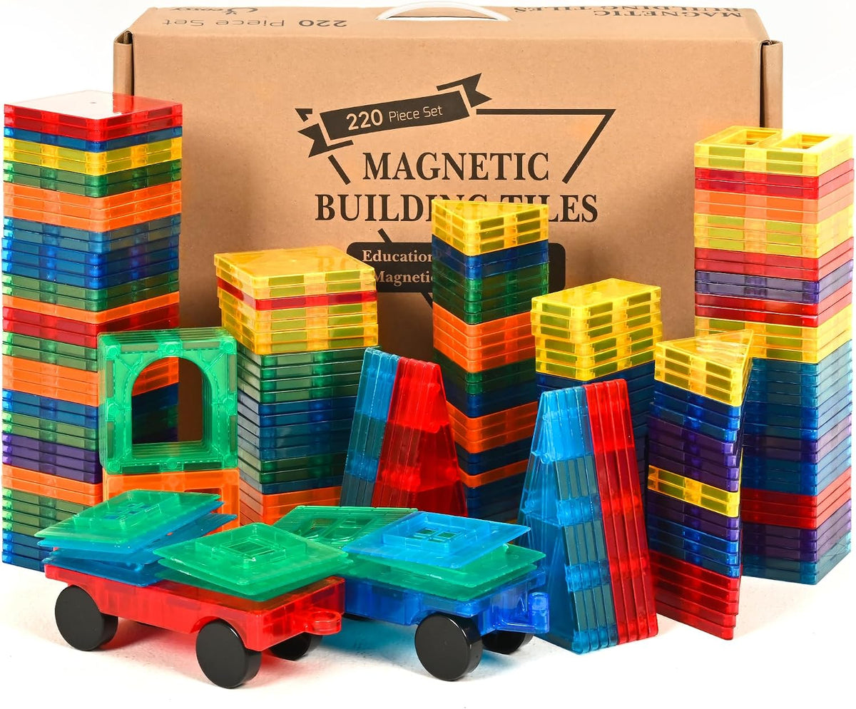 Colorful magnetic tiles built into ramps and towers with two toy cars
