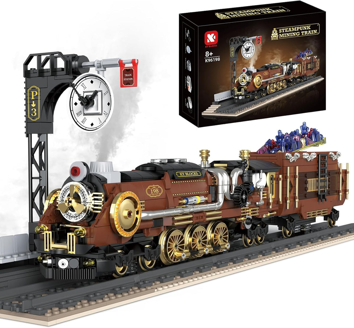 Brick steampunk steam locomotive with brass details releasing mist