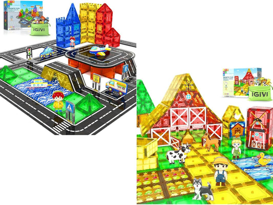 Magnetic tile roads with toy cars, traffic signs and colorful tile buildings