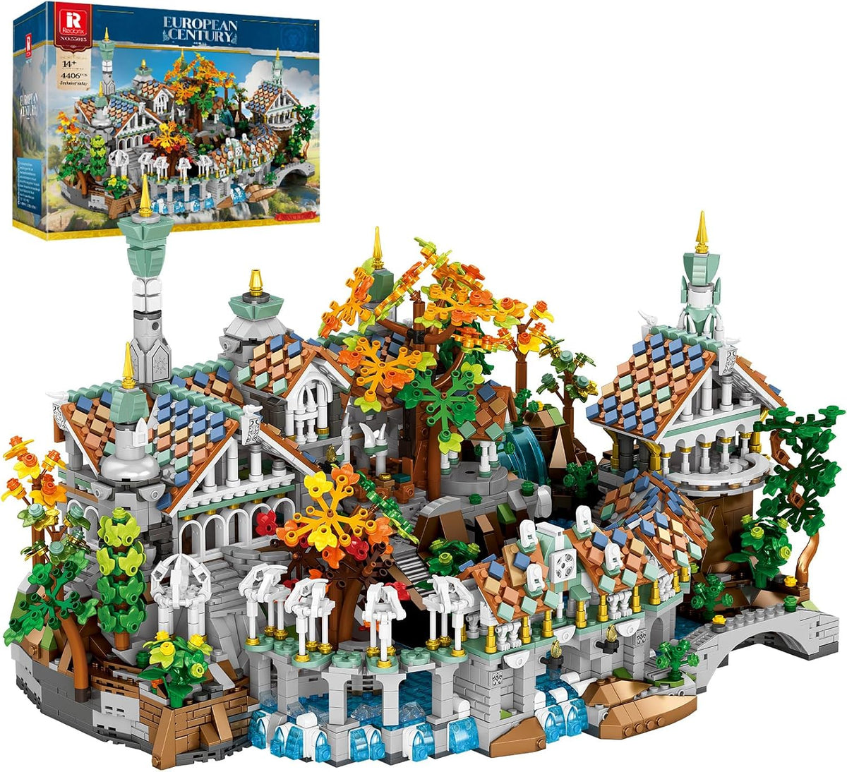 Large medieval valley town brick model with timbered houses and rooftops