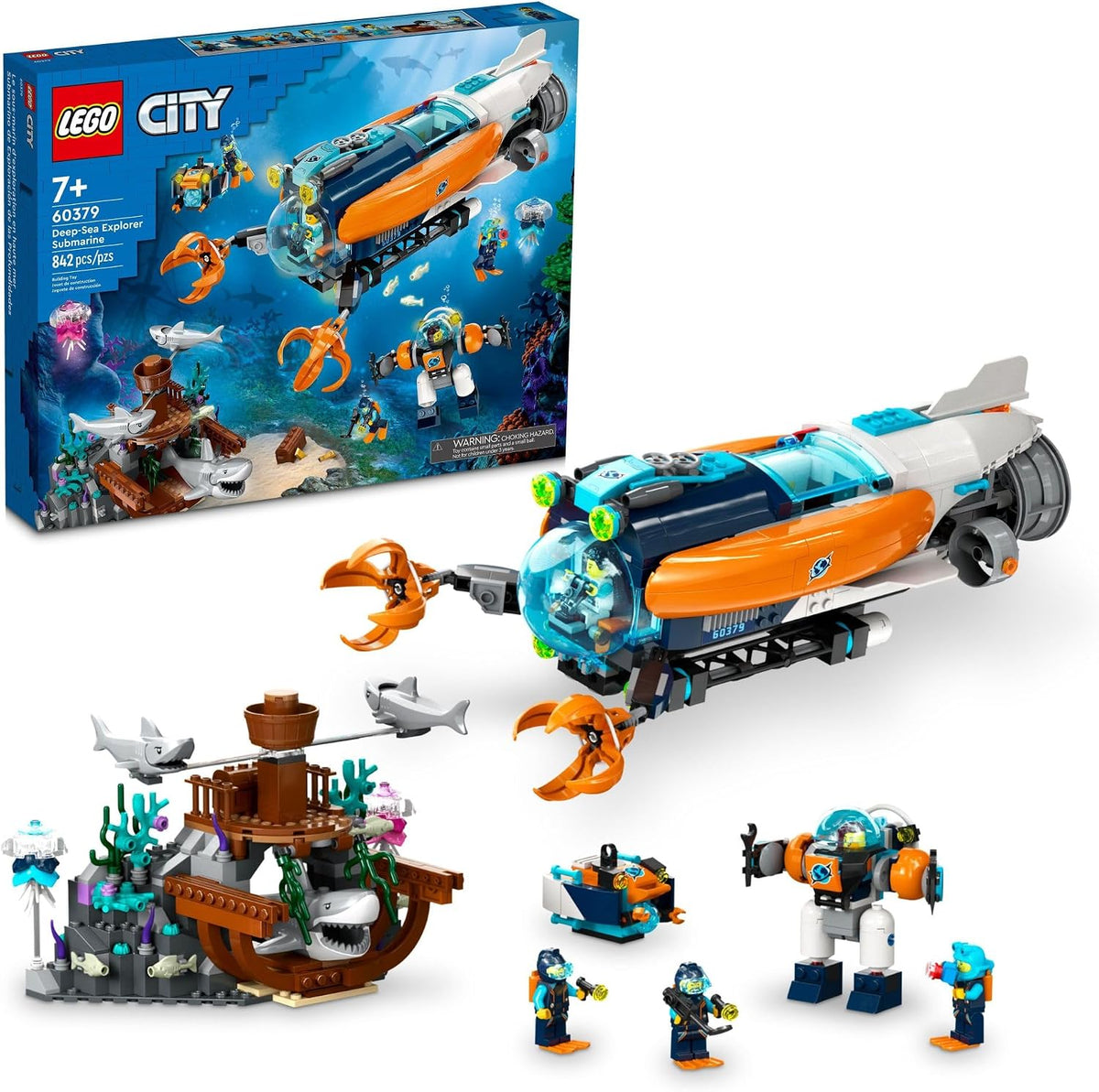 Built yellow deep-sea submarine brick set with shipwreck, divers and shark figures