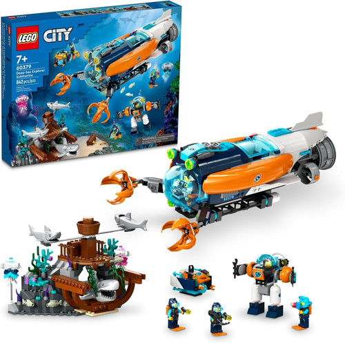 Built yellow deep-sea submarine brick set with shipwreck, divers and shark figures