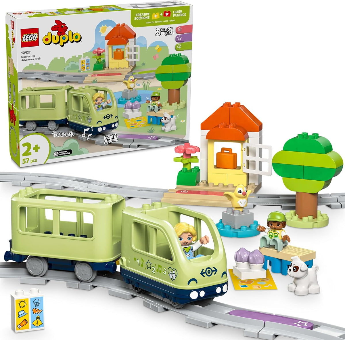 Large toddler building block train on a track with figures and destinations