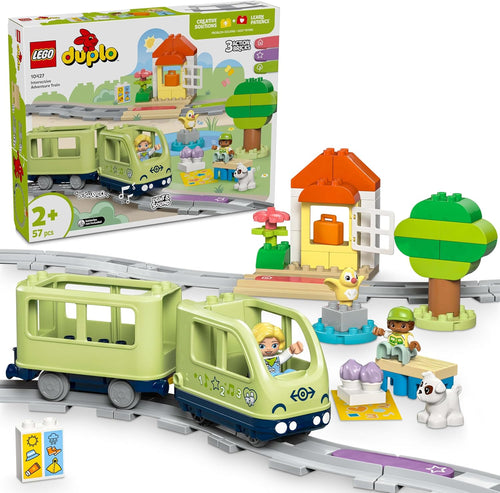 Large toddler building block train on a track with figures and destinations