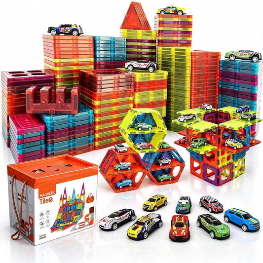 Colorful magnetic tile parking garage with ramps and small pull-back metal cars