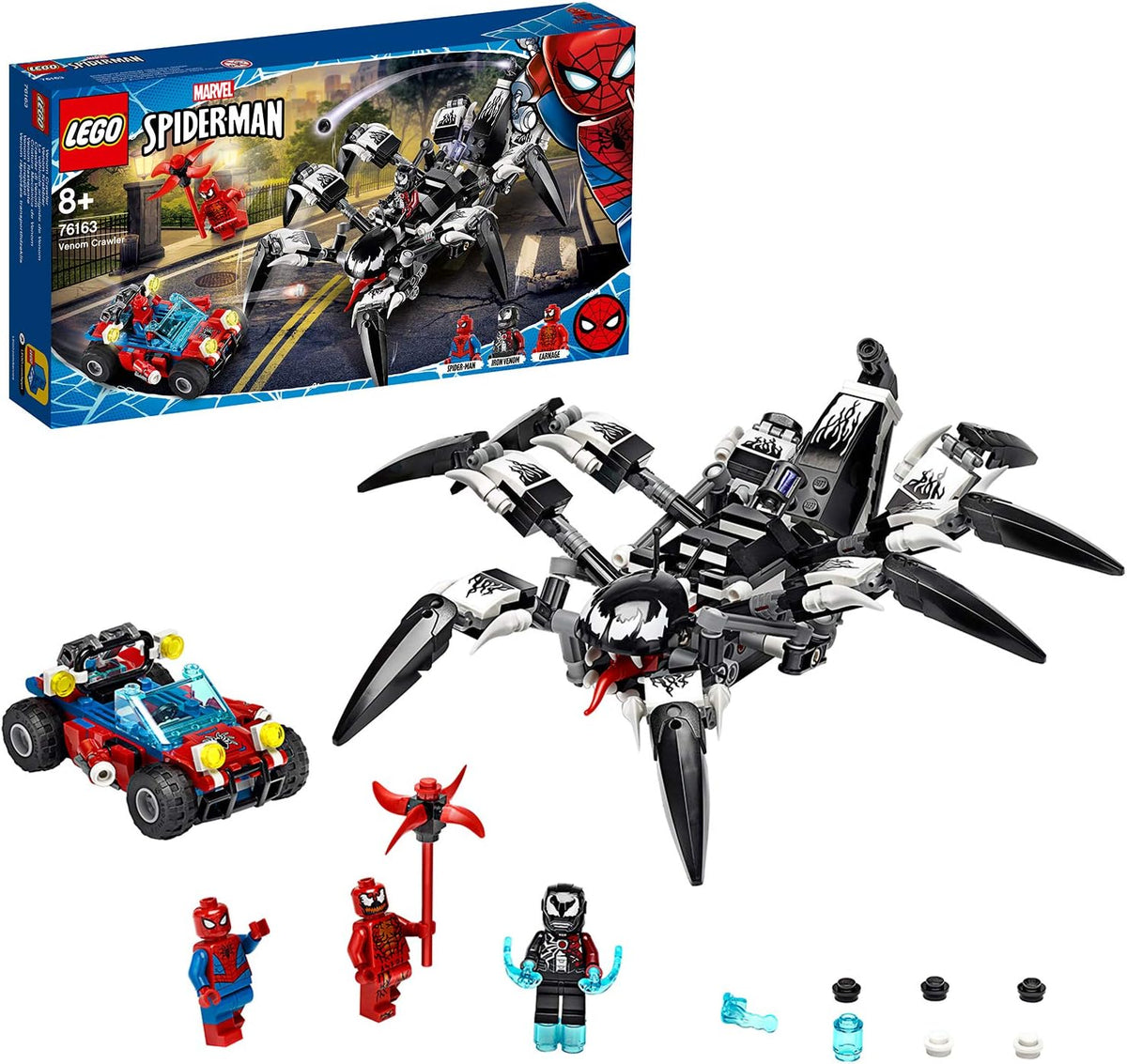 Built black alien crawler with eight legs facing a spider hero buggy
