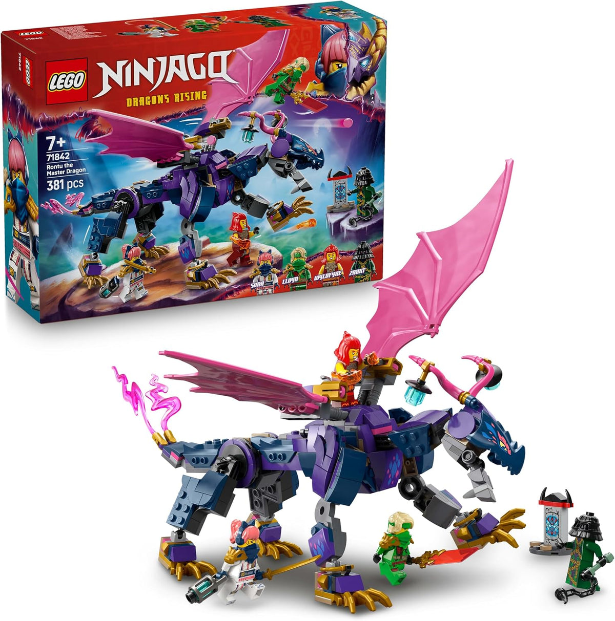Gold and green brick dragon with spread wings, small temple and four minifigures