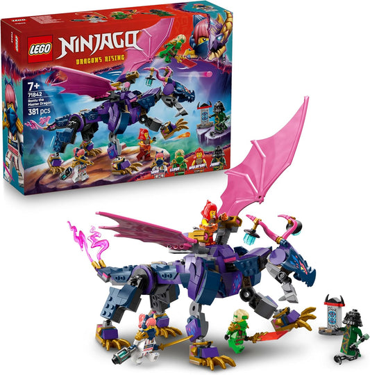 Gold and green brick dragon with spread wings, small temple and four minifigures