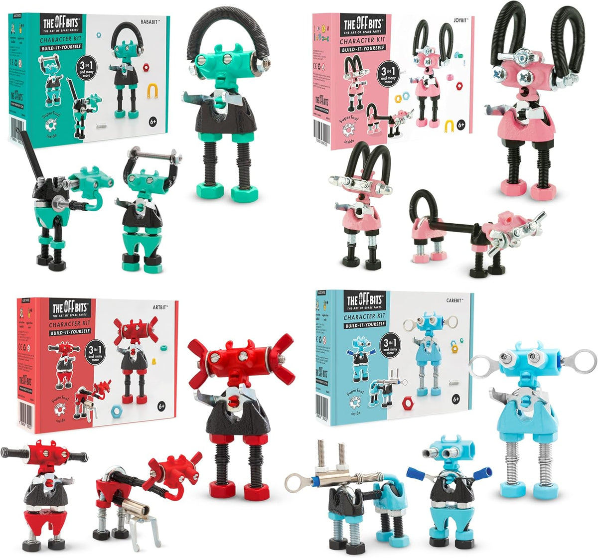 Four small colorful robot models assembled from nuts, bolts and shaped parts