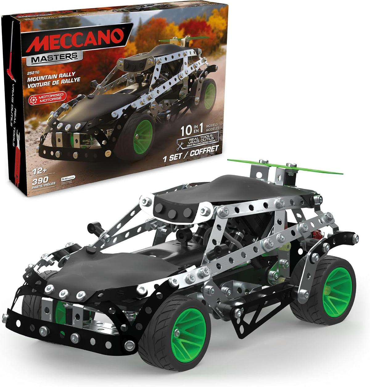 Metal construction kit rally car with silver beams, rugged tires and electric motor