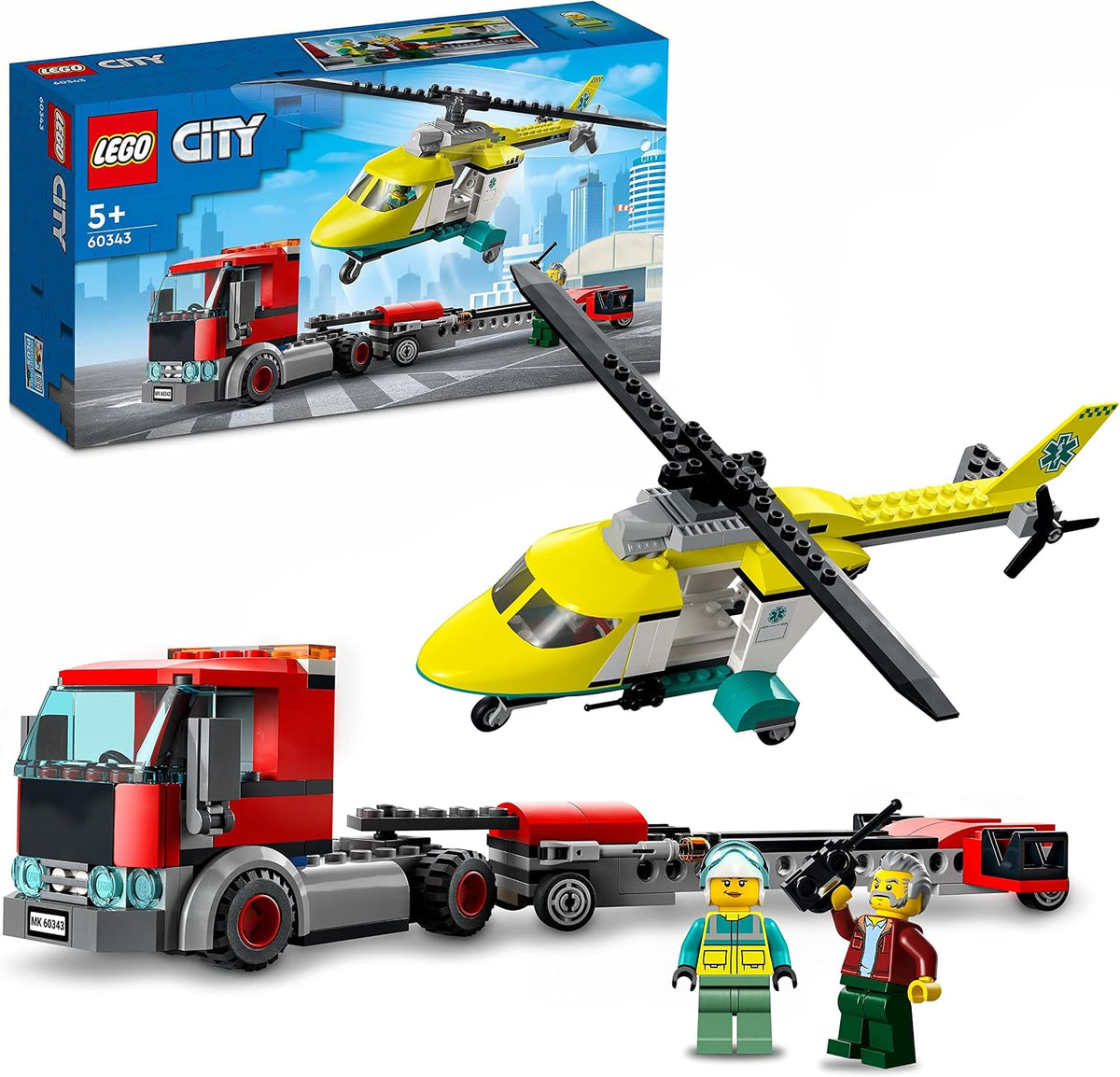 Red brick-built truck with low loader carrying a rescue helicopter, with two minifigures