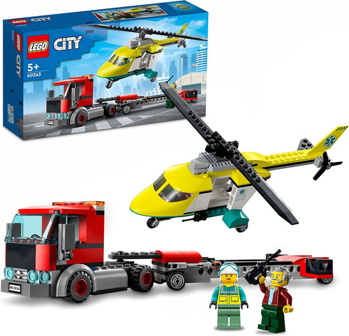 Red brick-built truck with low loader carrying a rescue helicopter, with two minifigures