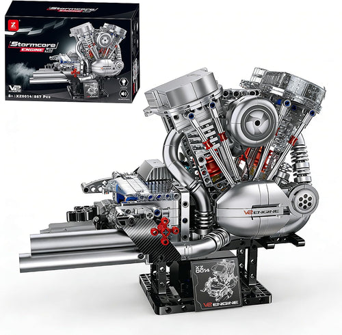 Brick-built V-twin motorcycle engine with visible moving pistons