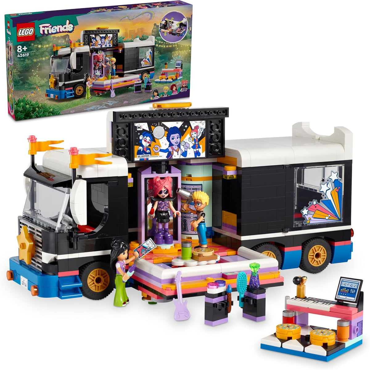Built pop star tour bus with four mini doll figures and accessories