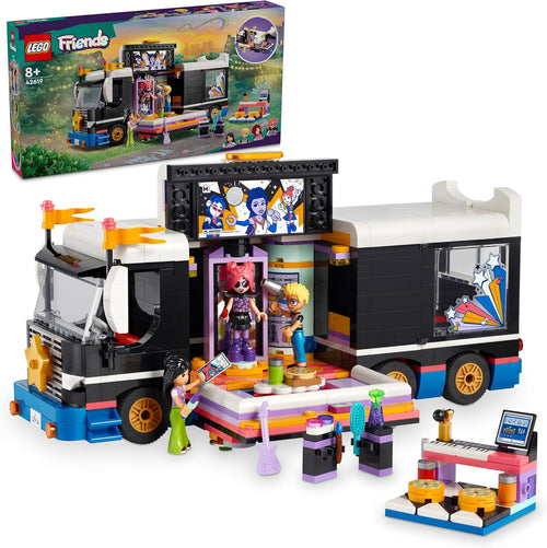 Built pop star tour bus with four mini doll figures and accessories
