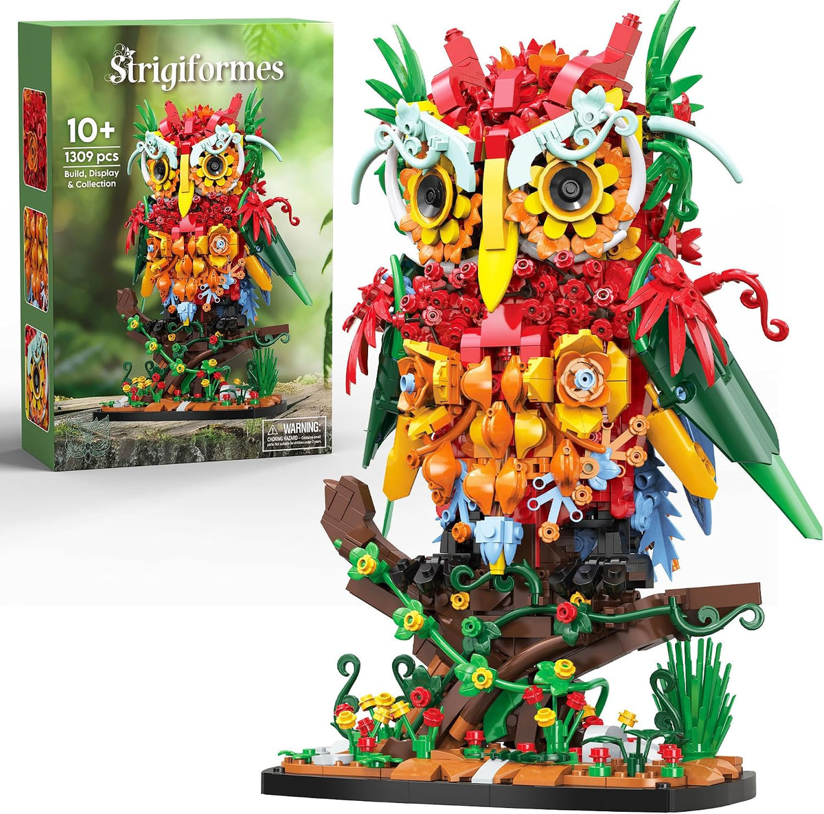 Brick-built owl decorated with colorful flowers and leaves perched on a round base – view 2