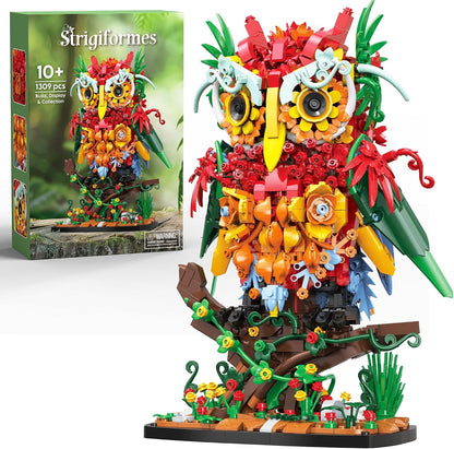 Brick-built owl decorated with colorful flowers and leaves perched on a round base – view 2