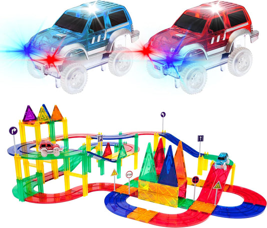 Multi-level magnetic tile race track with columns, slopes and glowing LED cars