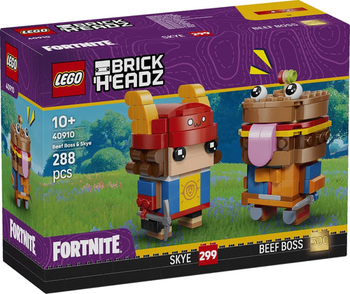 Two blocky brick figures, a burger-head mascot with sword and a red-hat adventurer