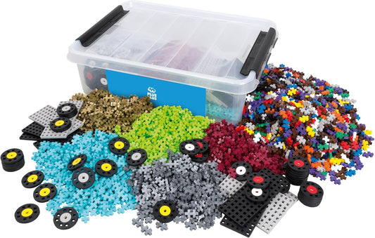 Tub of multicolor interlocking mini puzzle blocks with wheels, baseplates and a built toy car